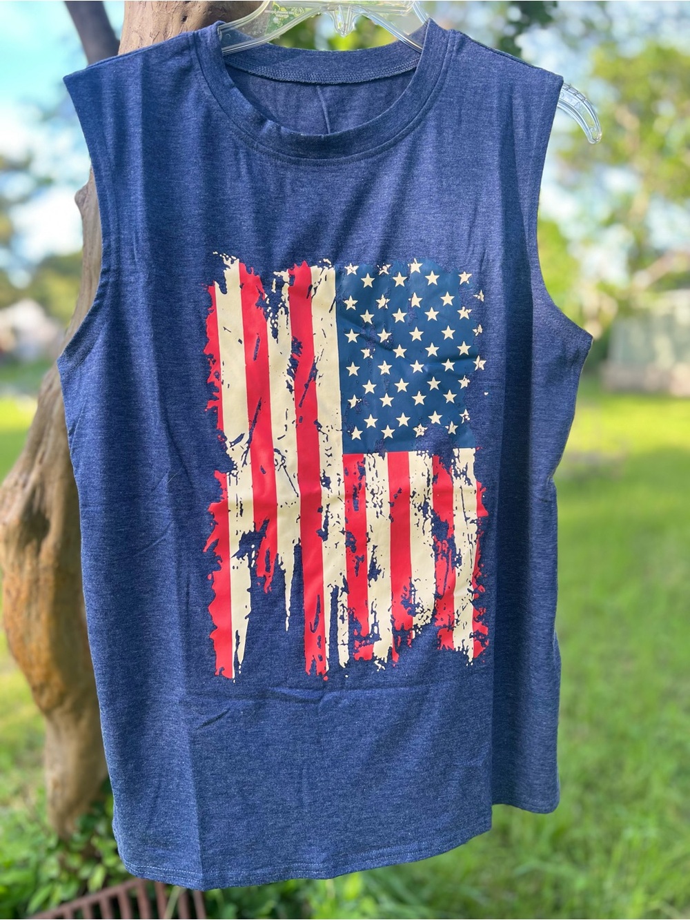 Men’s Blue Sleeveless Tee with Distressed American Flag